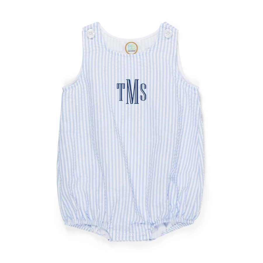 Blue seersucker baby bubble personalized with monogram