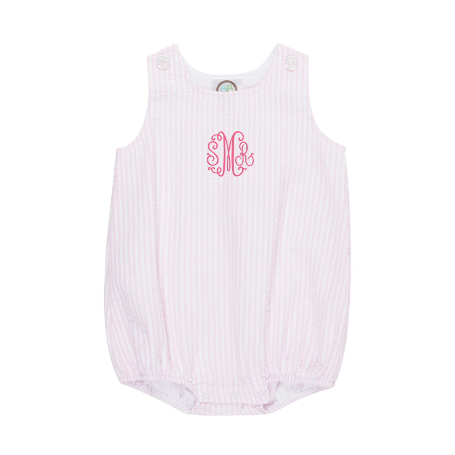 Pink seersucker sleeveless baby bubble with monogram