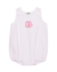 Pink seersucker sleeveless baby bubble with monogram