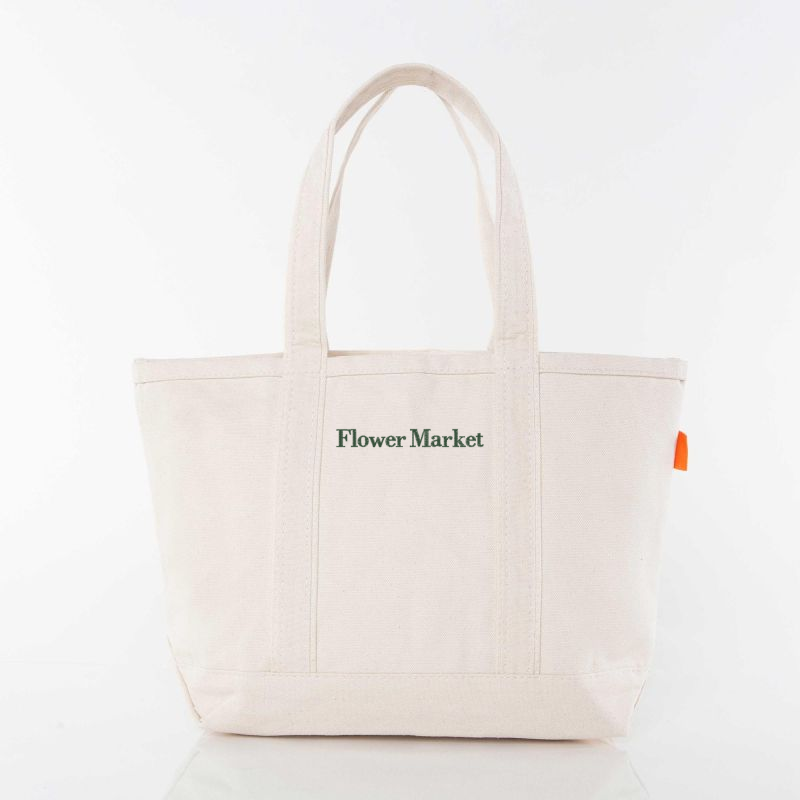 Flower Market embroidered canvas tote with green embroidery, ideal for farmers markets, flower shopping, and everyday errands.