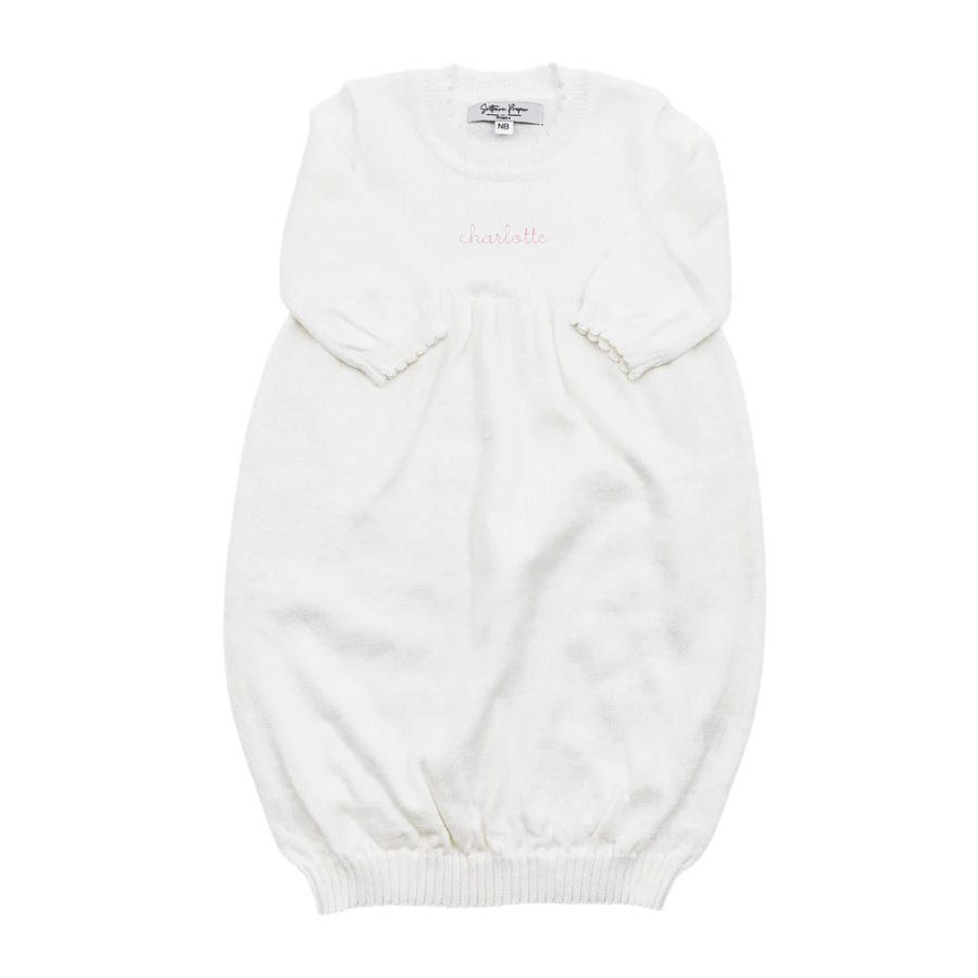 Personalized heirloom newborn gown with bean stitch embroidery