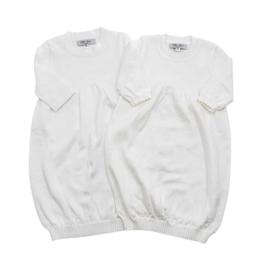 Classic heirloom knit baby gown for boys with plain edge, and girls with scallop edge
