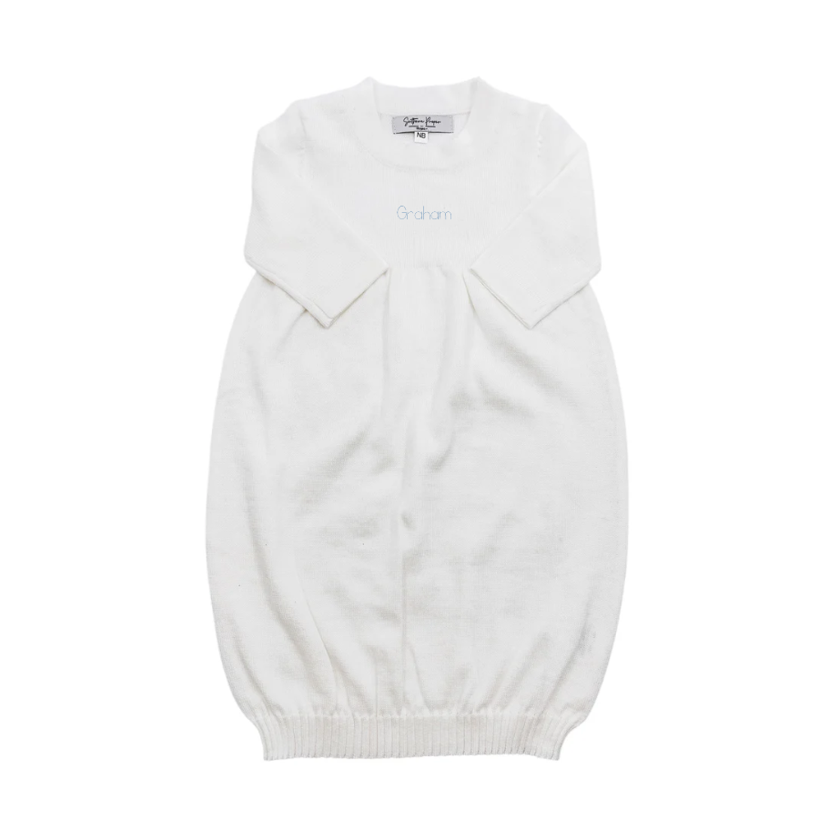 Personalized heirloom newborn gown with bean stitch embroidery