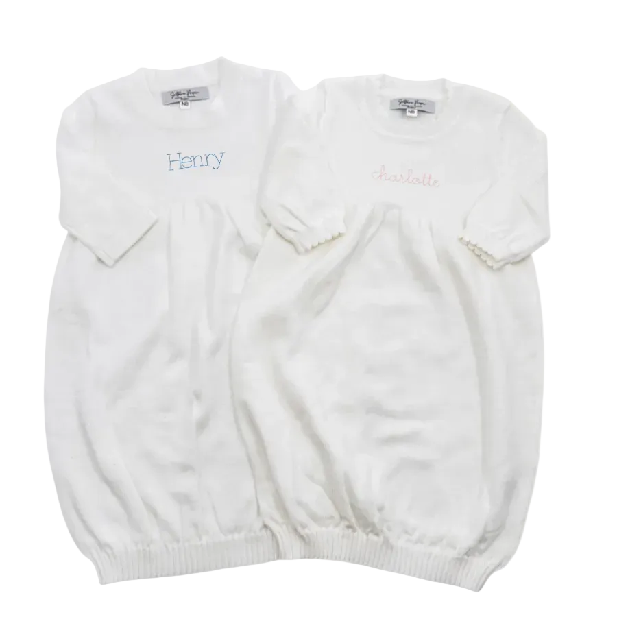two baby knit heirloom gowns for newborn baby announcement with embroidered name