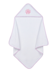 White hooded baby towel with pink trim and monogram on a white background