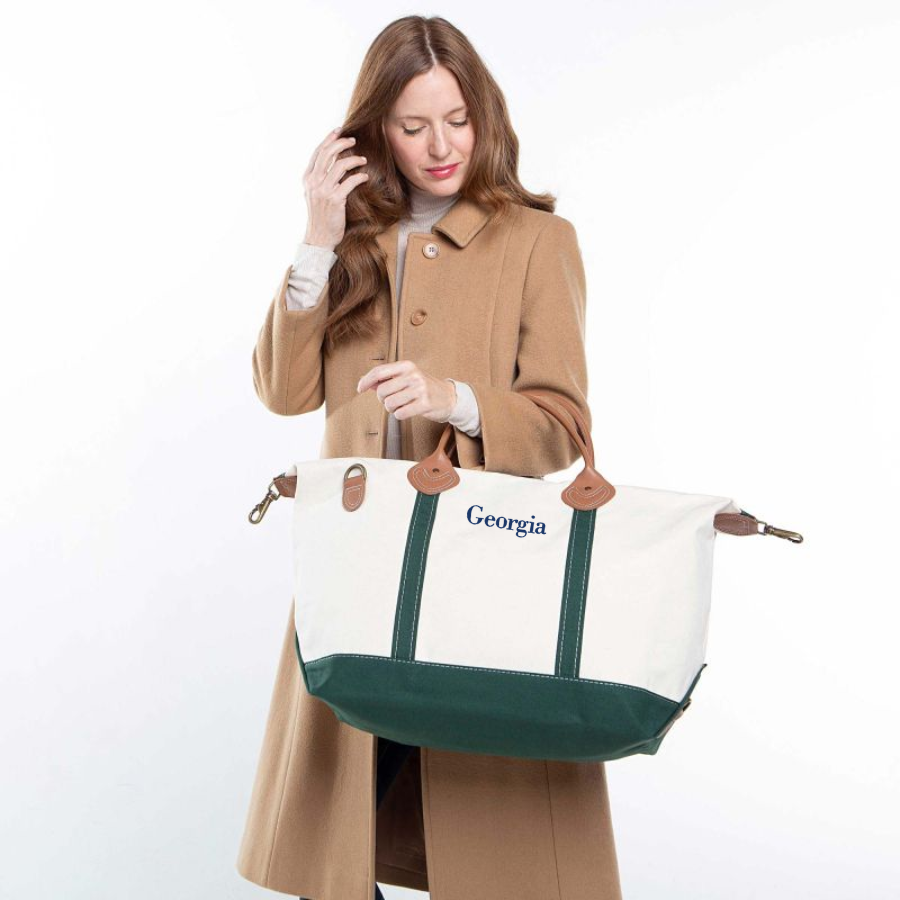 Personalized green weekender bag with embroidered name