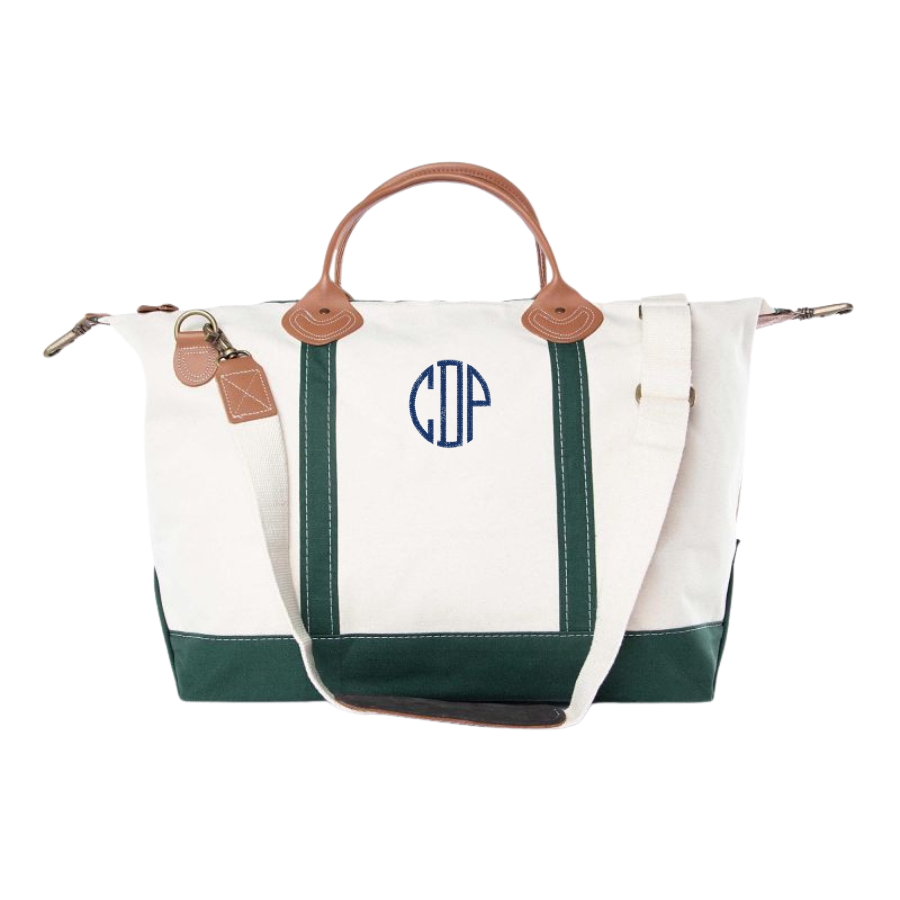 Hunter green canvas weekender bag with personalized monogram