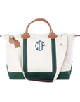 Hunter green canvas weekender bag with personalized monogram