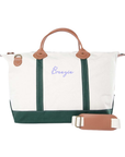 Classic canvas travel bag with green trim and custom name embroidery