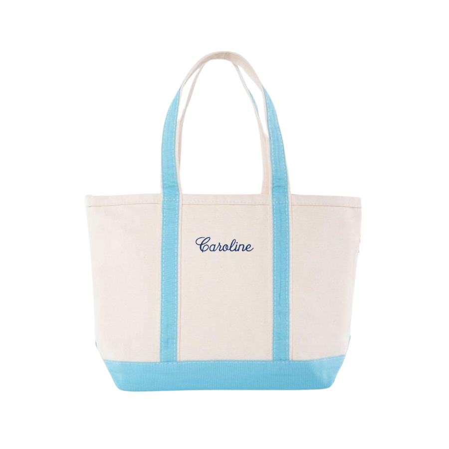 personalized light blue medium canvas tote bag with embroidered name