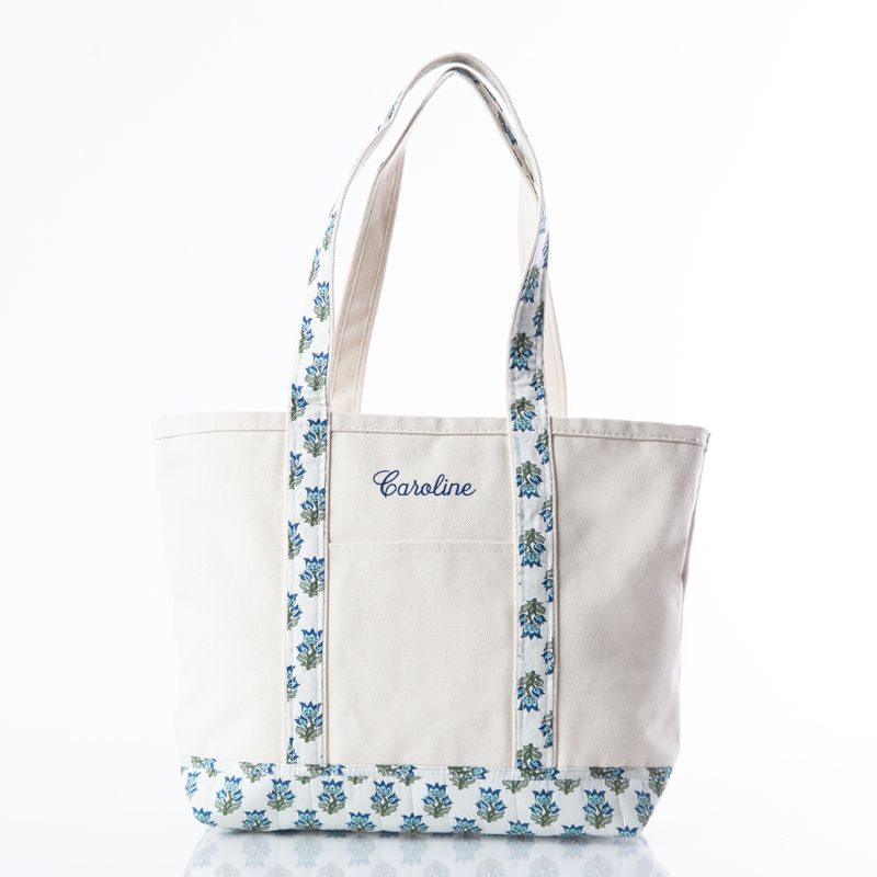 medium canvas tote bag with  block print trim accents and custom embroidered name