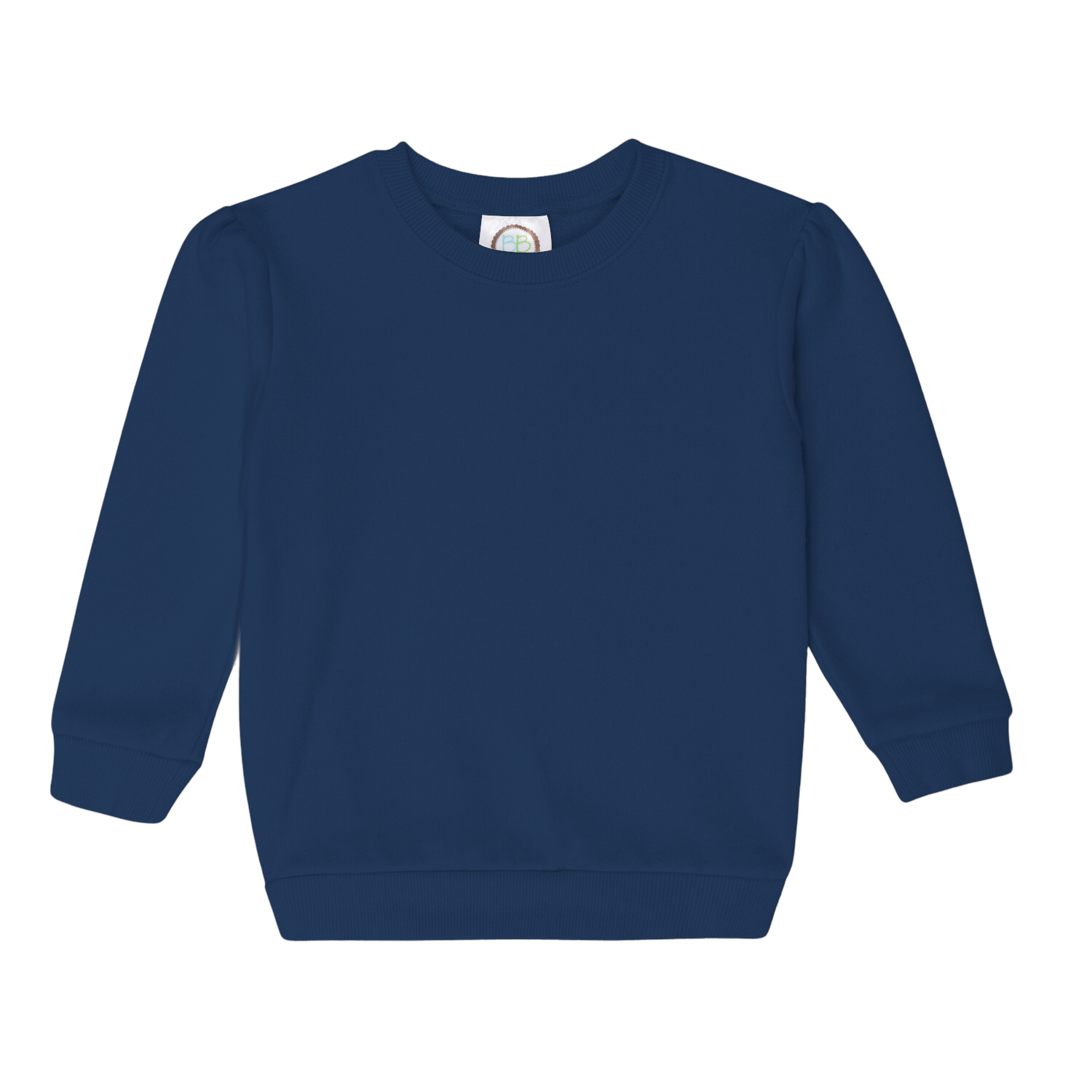 Girls' navy puff sleeve sweatshirt on a white background