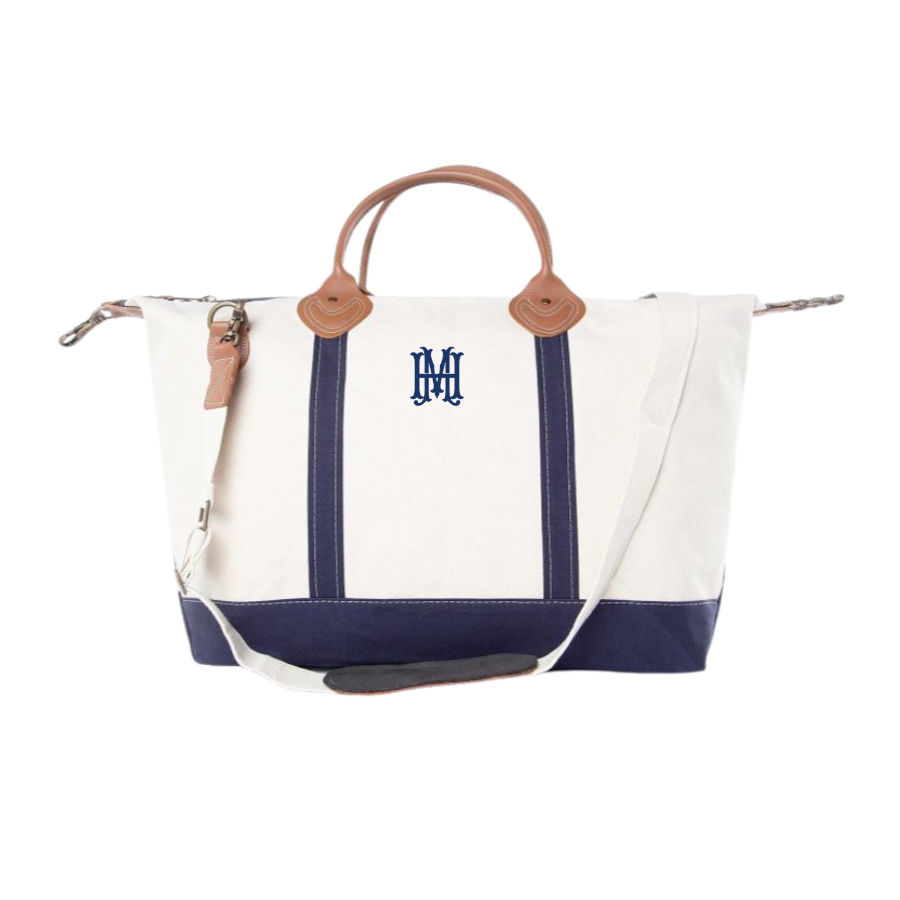 Navy canvas weekender bag wiht personalized monogram in navy embroidery