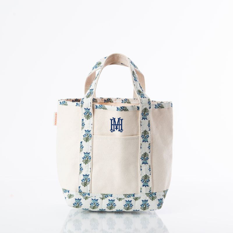 open top canvas tote with block print trim and embroidered monogram on white background
