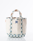 open top canvas tote with block print trim and embroidered monogram on white background