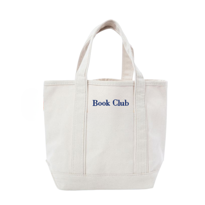 Personalized Library Club small canvas tote with navy embroidery, designed for library visits, summer reading programs, and book lovers.