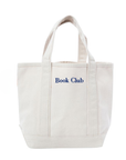 Personalized Library Club small canvas tote with navy embroidery, designed for library visits, summer reading programs, and book lovers.