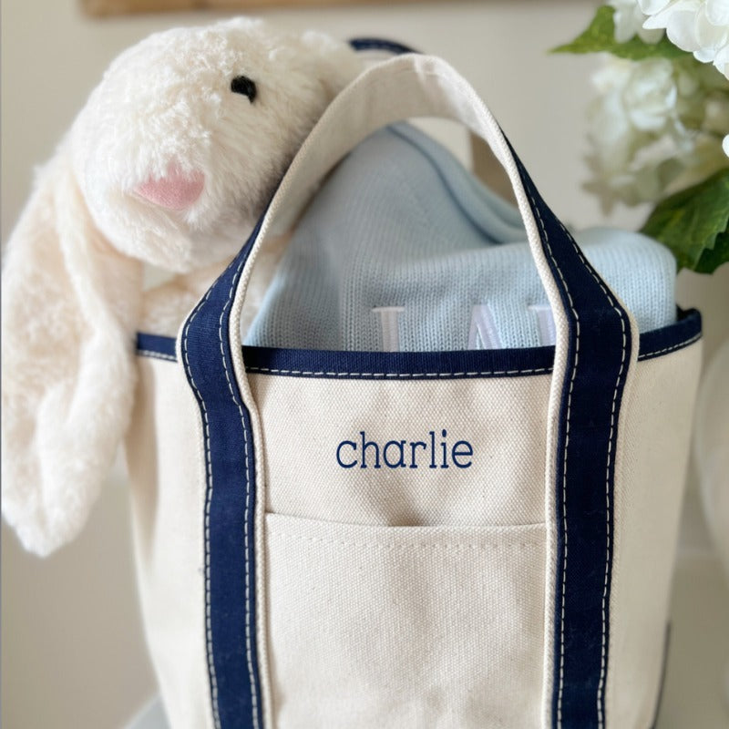 personalized tote bag for kids with monogrammed sweater and bunny for thoughtful baby gift