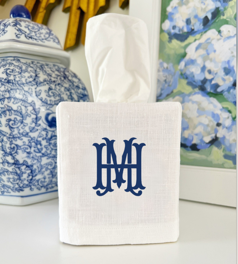 personalized white linen tissue box cover with embroidered initials on a console table