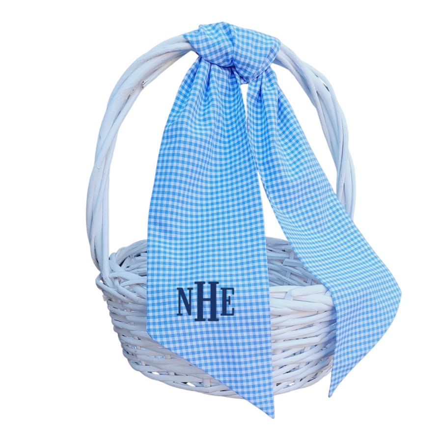 Blue gingham Easter basket sash with embroidered monogram