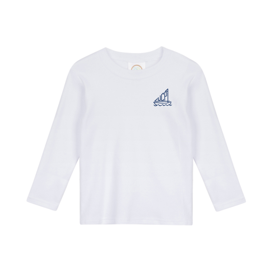 White long-sleeve shirt with a small blue sailboat monogram on a white background