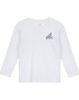 White long-sleeve shirt with a small blue sailboat monogram on a white background