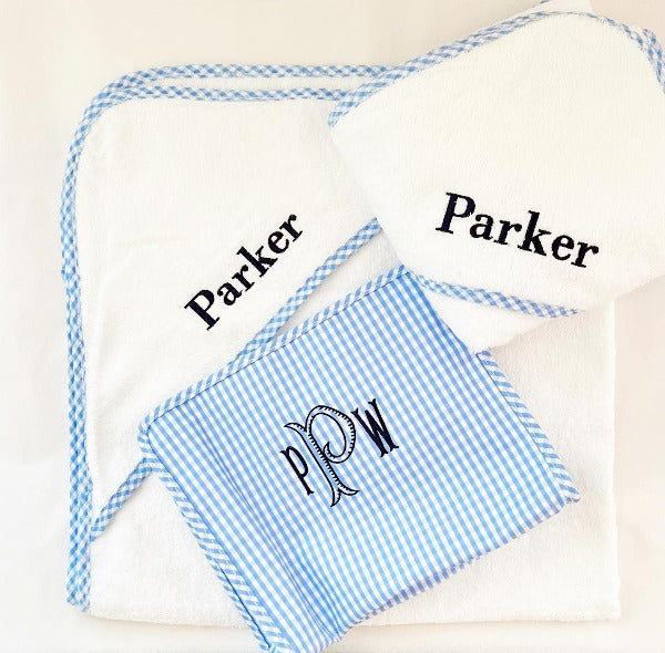 Personalized Baby Hooded Towel with Gingham Trim