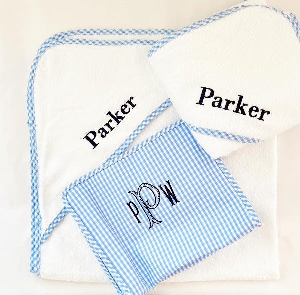 Personalized Baby Hooded Towel with Gingham Trim