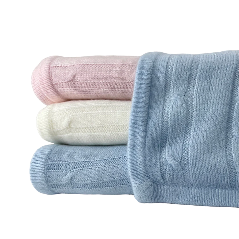 Cashmere Like Cable Knit Baby Blanket in Ivory, Pink, and Blue