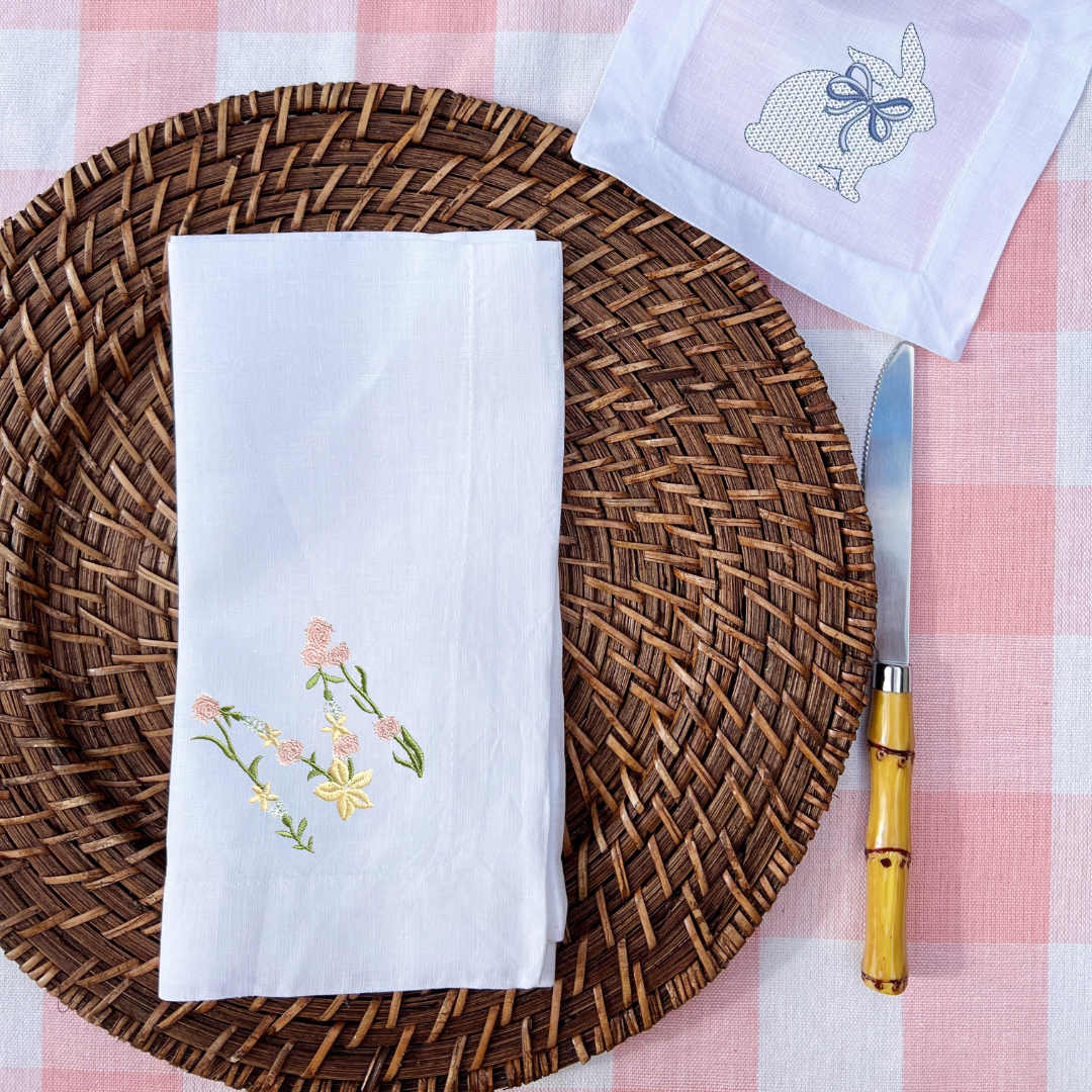Floral Alphabet Embroidered Linen Dinner Napkin Set