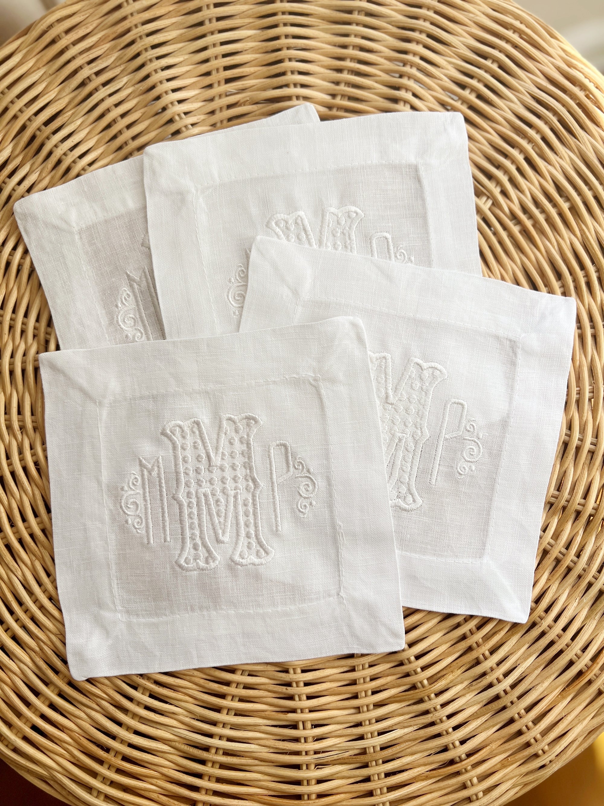Classic hostess gift, monogrammed white linen cocktail napkins