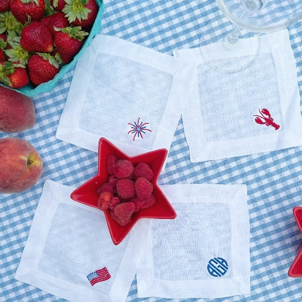 Summer Inspired Embroidered Cocktail Napkins with American Flag, Lobster, Firework, and Monogram Design