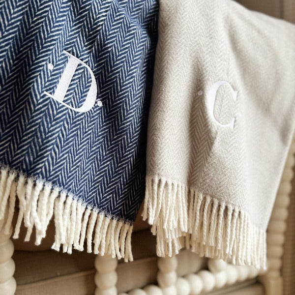 Monogrammed Herringbone Plush Throw Blanket