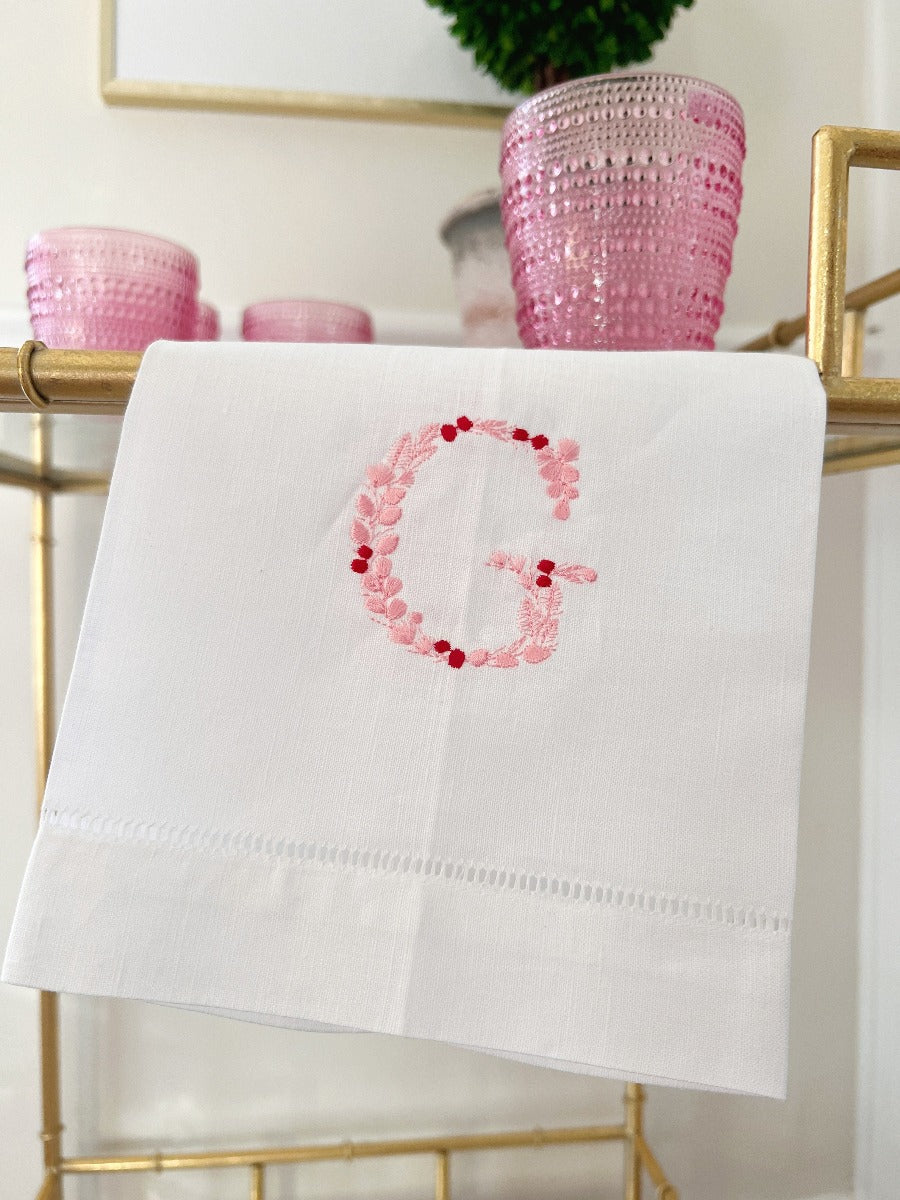 Pink and Red Floral Embroidered Initial Tea Towel 