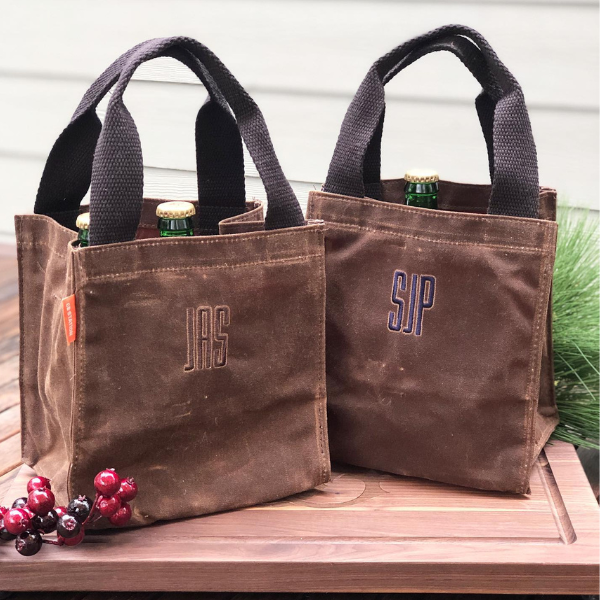 monogrammed waxed canvas 6 bottle beer carrier